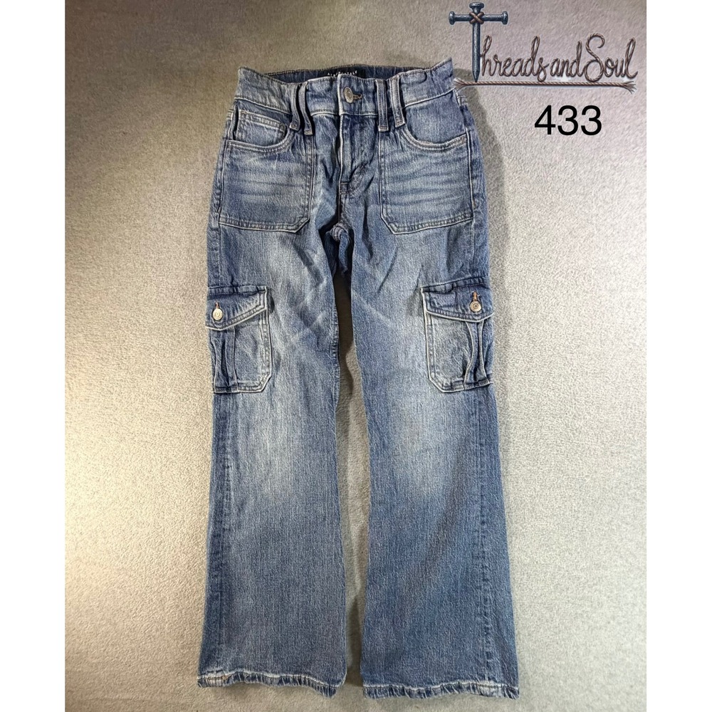 Aeropostale Womens 0S Mid Rise Flare Cargo Jeans Medium Wash Denim Utility Pants